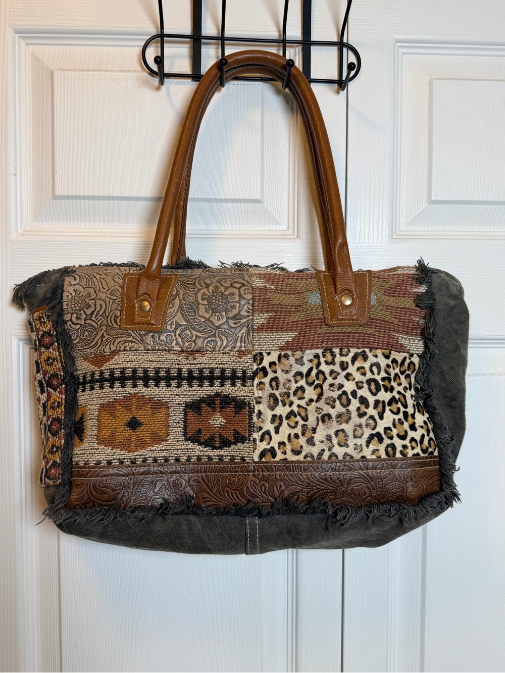 Myra Bag Boho Patchwork Leopard Print Tote Handbag Brown